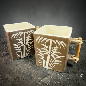 Global Home Vietnam Zazen Stoneware Bamboo Pattern Cups Mugs Set 2 Ceramic VTG